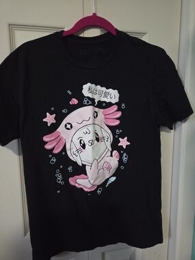 Hot Topic Black Tee with Pink Axolotl Cat Graphic